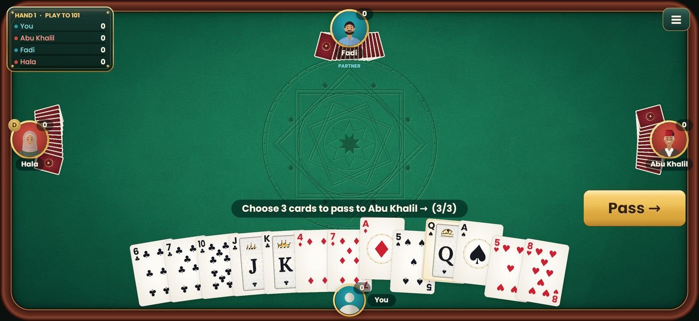 Choosing three cards to pass to the player on your right, with the Pass button beside your hand.