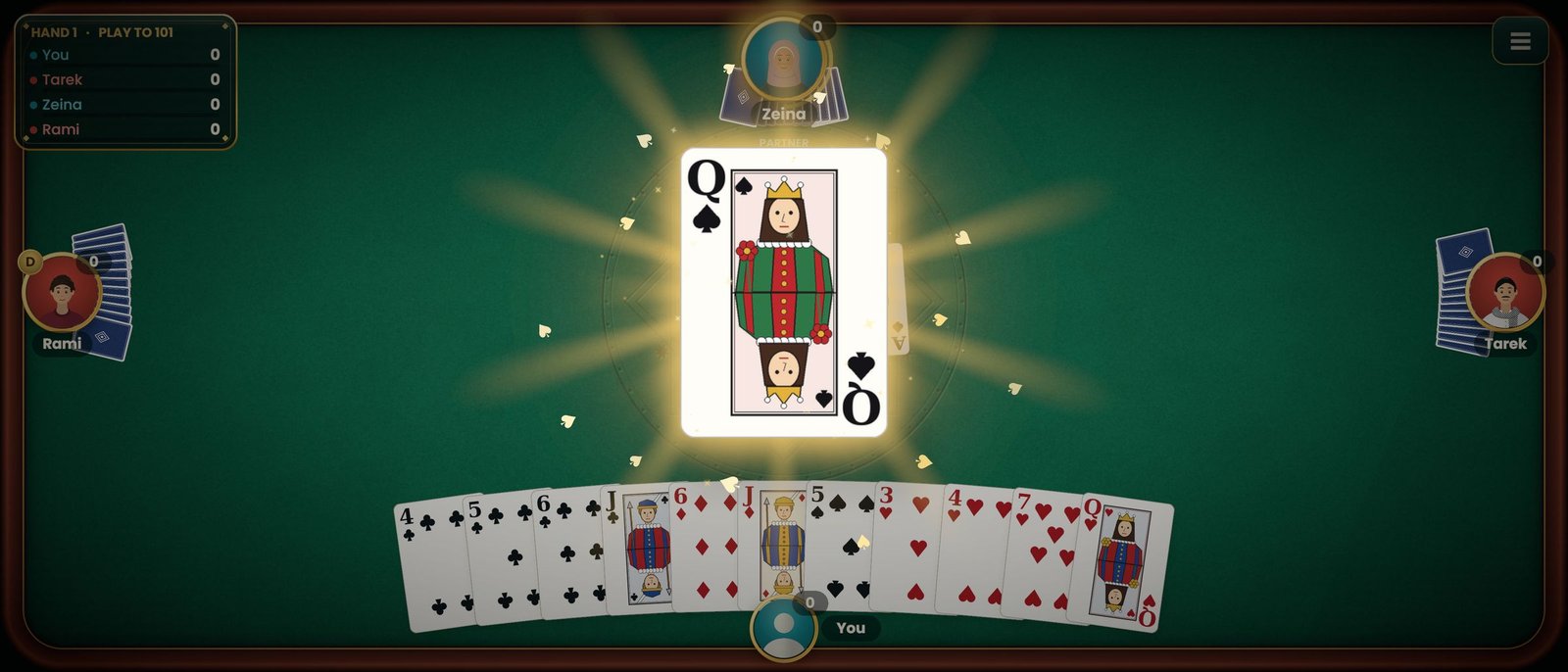 Leekha on iPhone: the Queen of Spades lands in the middle of the table and lights up, with your hand of cards below.